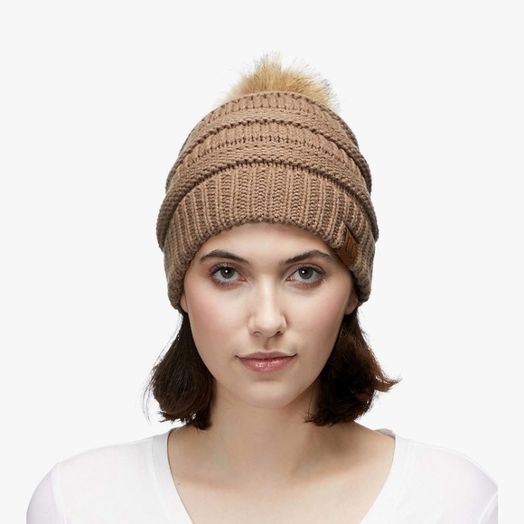 C.C Brown Knit Beanie with Faux Fur Pom - Picture 2 of 8